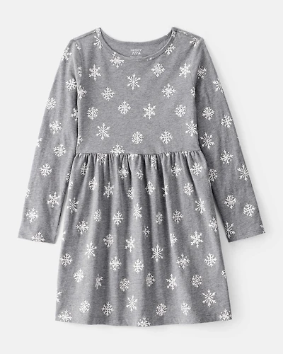 Girls Snowflake Print Cotton Long-Sleeve Dress - Grey