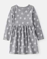 Girls Snowflake Print Cotton Long-Sleeve Dress - Grey