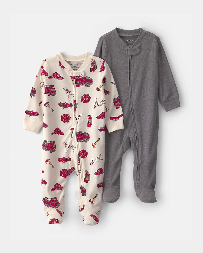 Baby Boy 2-Pack 2-Way Zip Solid Firetrucks Sleepers
