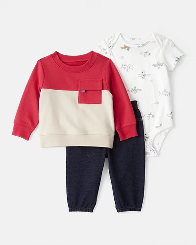 Baby Boy 3-Piece Airplane Sweatshirt Outfit Set - Blue