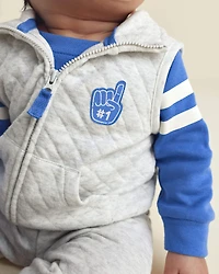Baby Boy 3-Piece Varsity Quilted Layering Set - Grey/Blue