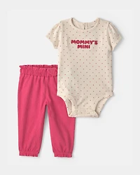 Baby Girl 2-Piece 'Mommy's Mini' Heart Bodysuit & Pant Set - Fuchsia/Cream
