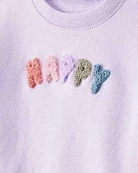 Baby Girl Happy French Terry Long-Sleeve Pullover Sweatshirt - Purple