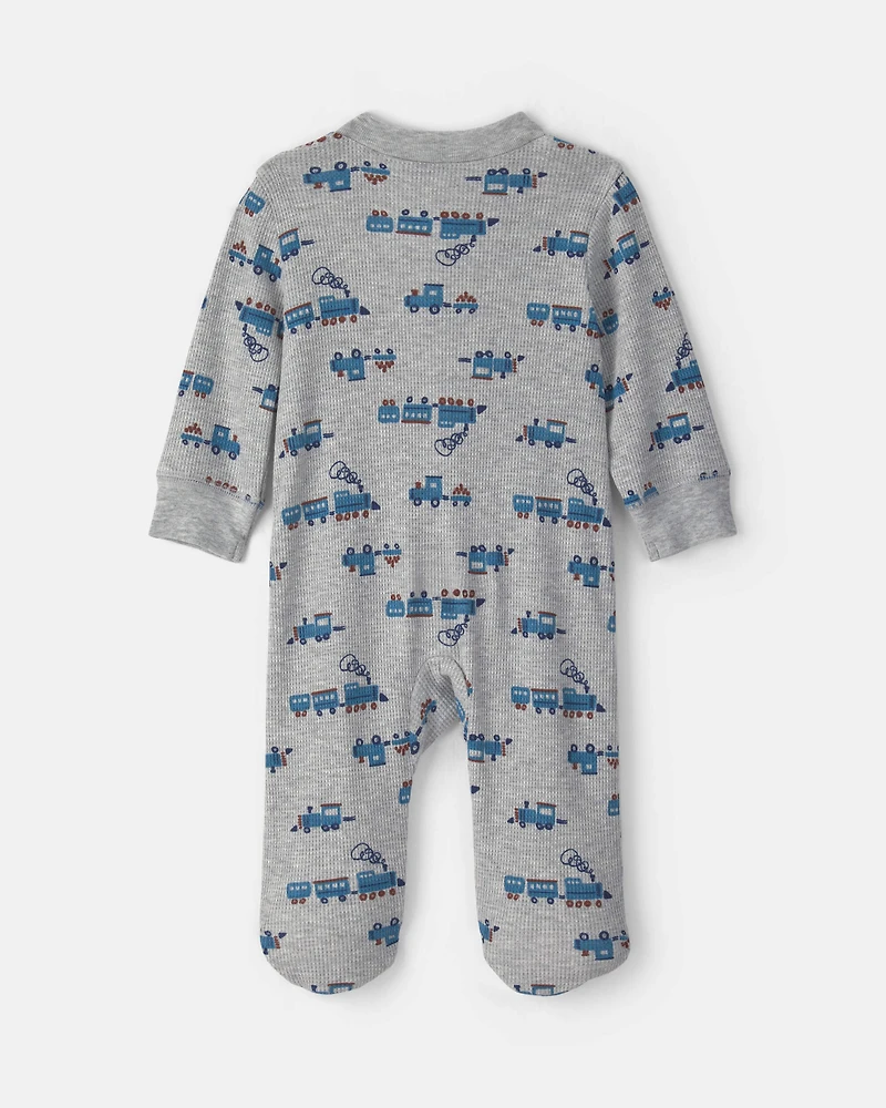 Baby Boy Train Cotton 2-Way Zip Thermal Sleeper - Grey
