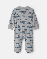 Baby Boy Train Cotton 2-Way Zip Thermal Sleeper - Grey