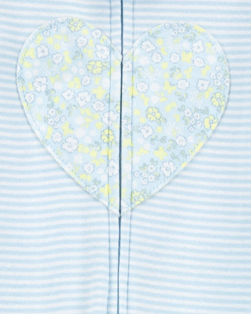 Toddler Girl Heart Striped Snug Fit Cotton Footie 1-Piece Pyjamas - Blue