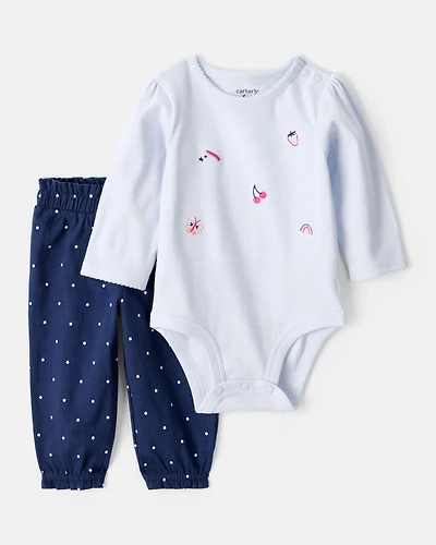 Baby Girl Fruit Print Cotton Long-Sleeve Tee & Pant Set - Blue
