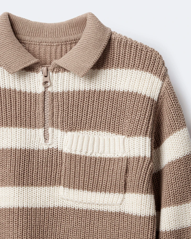 Toddler Boy Striped Quarter-Zip Sweater - Tan/White