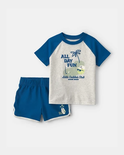 Toddler Boy 2-Piece 'All Day Fun' Golf Top & Short Set - Grey/Blue