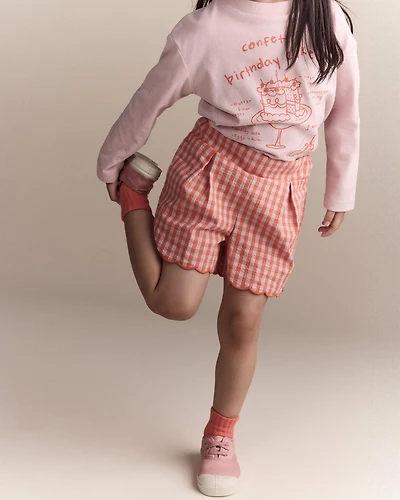 Toddler Girl Gingham Scalloped Short - Orange