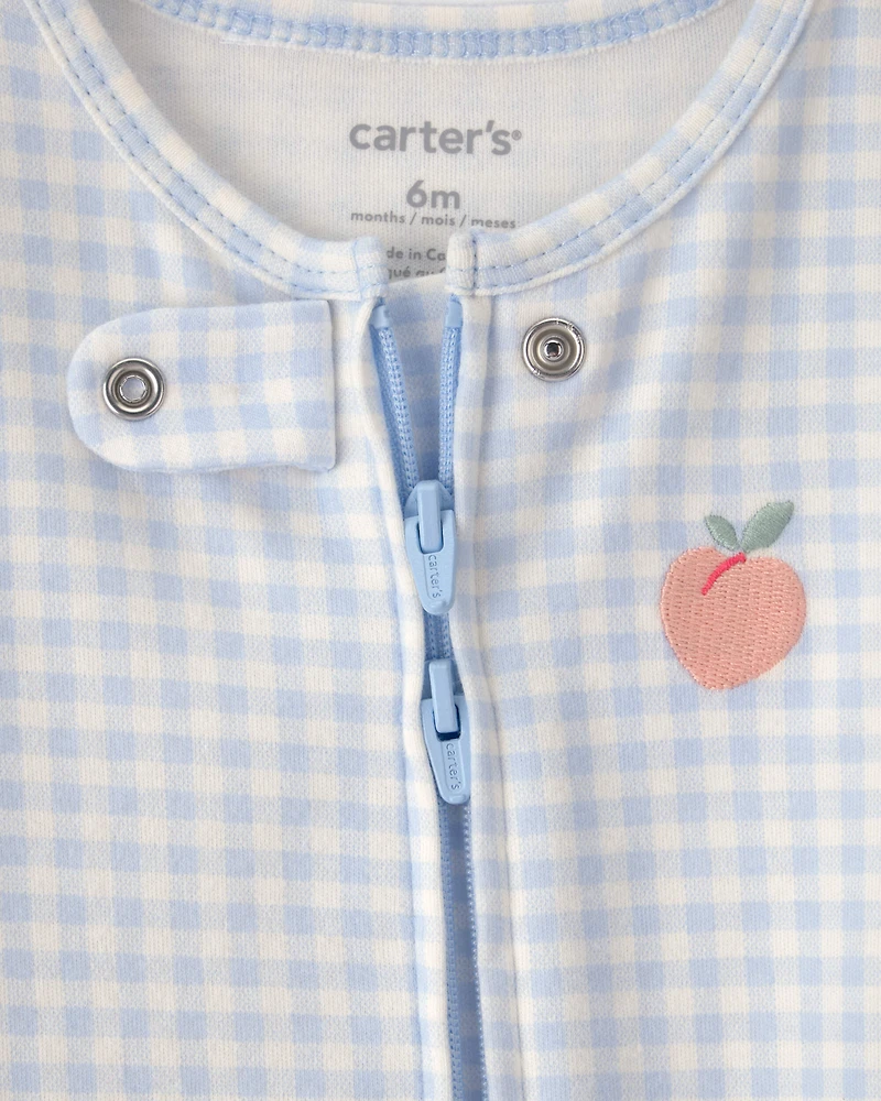 Baby Girl Peach Gingham 2-Way Zip 100% Cotton Sleeper - Blue