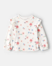 Baby Girl Floral Cotton Ruffle Long-Sleeve Top - White