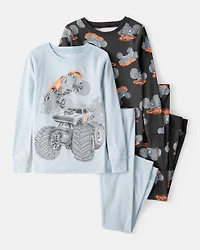 Boys Monster Truck Print 100% Cotton Long-Sleeve 4-Piece Pyjamas - Blue