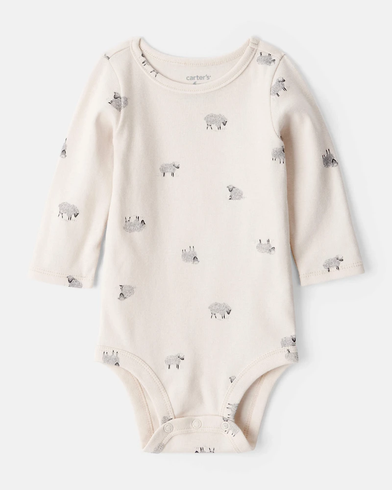 Baby Boy 2-Piece Sheep Print Cotton Long-Sleeve Overall Set - White/Grey
