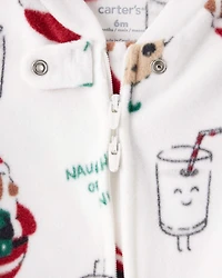 Baby Santa Print Loose Fit Fleece Long-Sleeve Sleeper - White