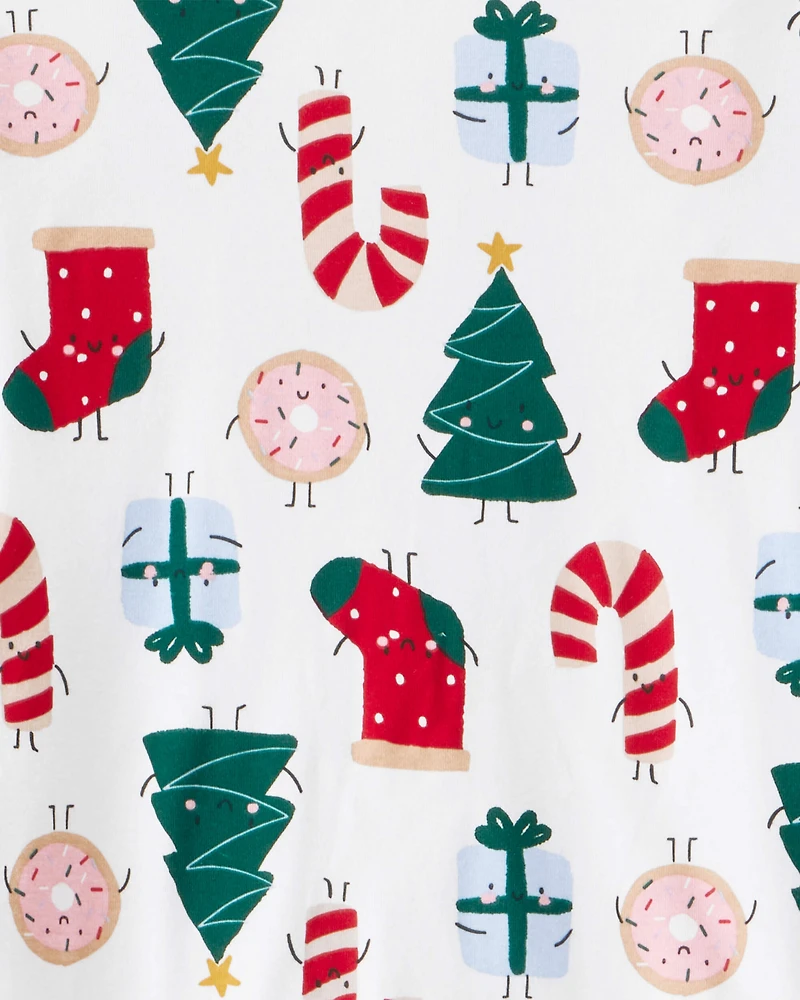 Adult Christmas Print 100% Cotton Long-Sleeve 2-Piece Pyjamas - White