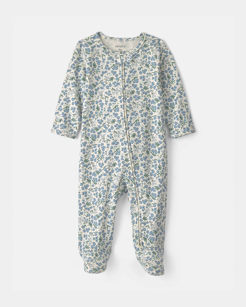 Baby Girl Floral 100% Cotton 2-Way Zip Sleeper - Blue/Ivory