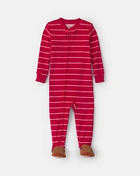 Toddler Boy 1-Piece Moose Striped DreamPlush Snug Fit Footed Pyjama - Red