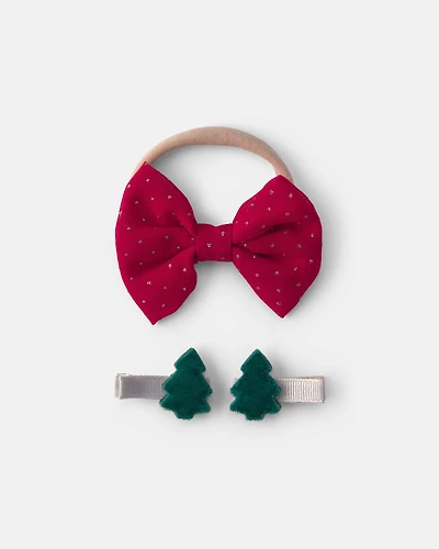 Baby Girl 2-Pack Christmas Bow Headwrap & Hair Clips