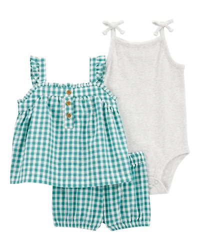 Baby Girl 3-Piece Gingham Outfit Set - Green/Grey