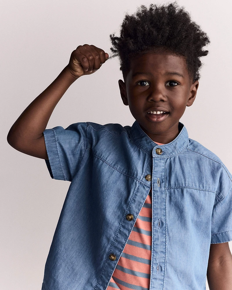 Toddler Boy Mandarin Collar Button-Down Shirt Chambray