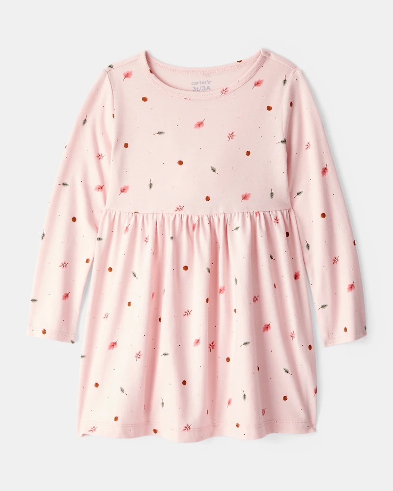 Toddler Girl Leaf Print Long Sleeve Dress - Pink