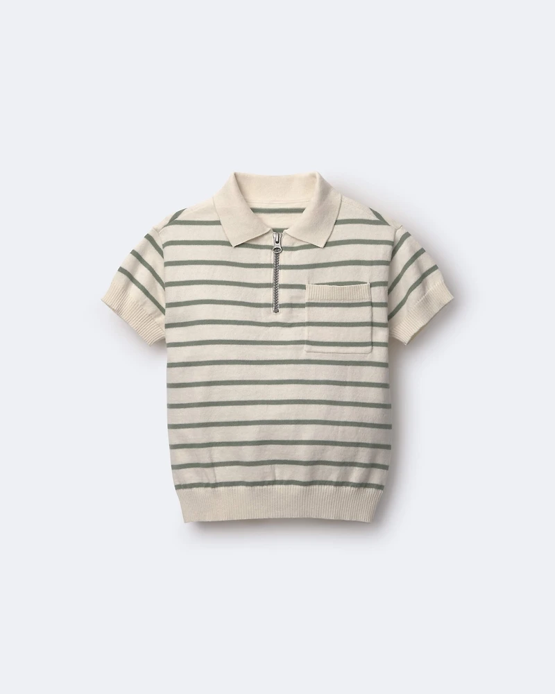 Toddler Boy Zip-Up Polo Stripes - Cream