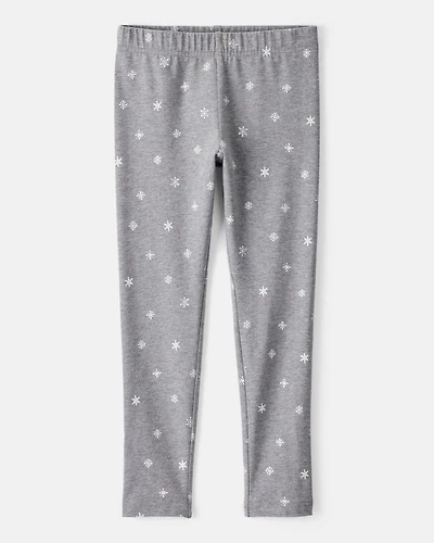 Girls Snowflake Print Cotton Pull-On Stretch Leggings - Grey