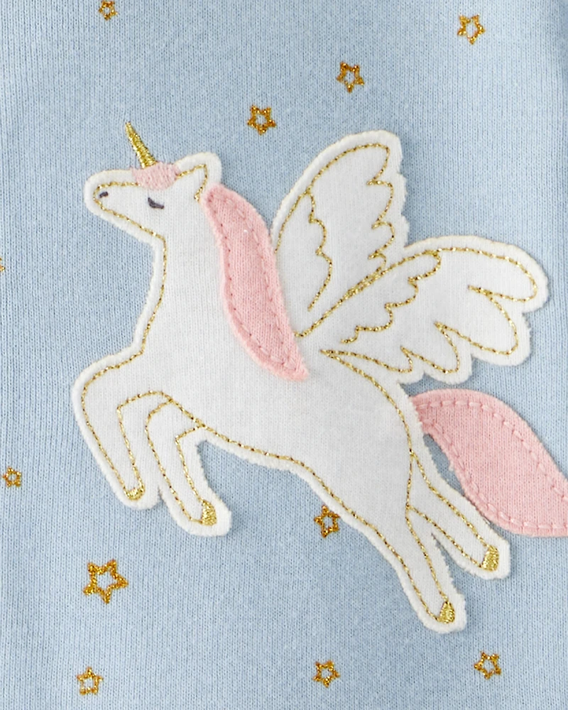 Baby Girl Unicorn Star Print 100% Cotton Long-Sleeve 2-Way Zip 1-Piece Pyjamas - Blue