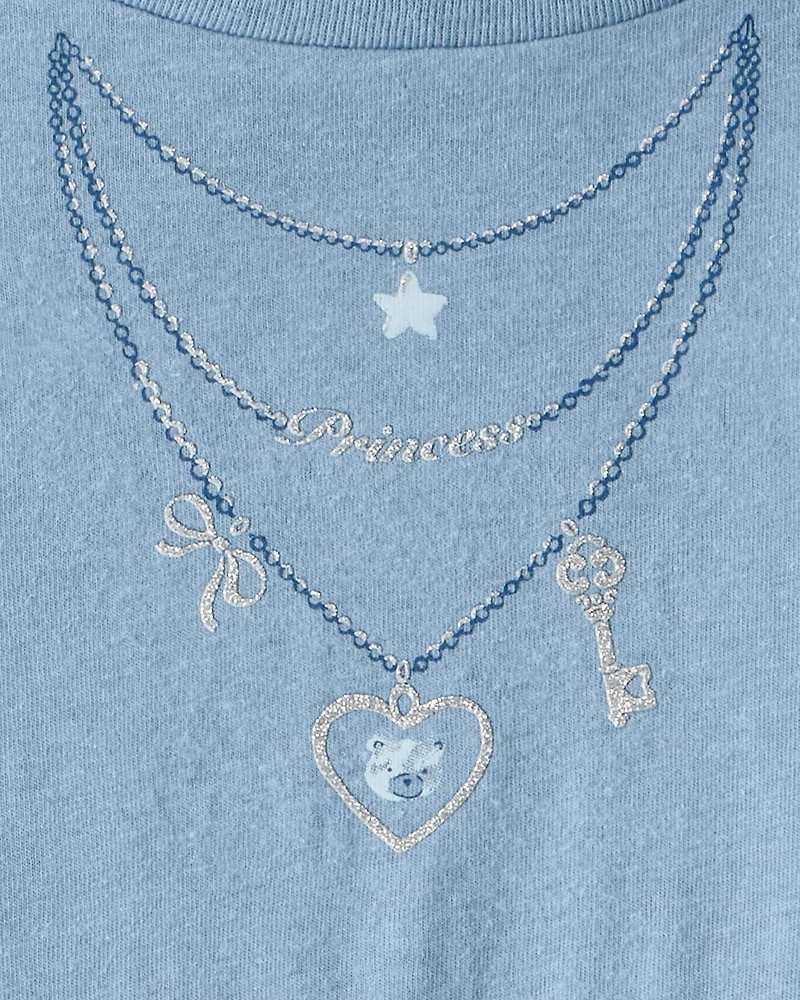 Girls Charm Necklace Long-Sleeve Graphic Tee - Blue