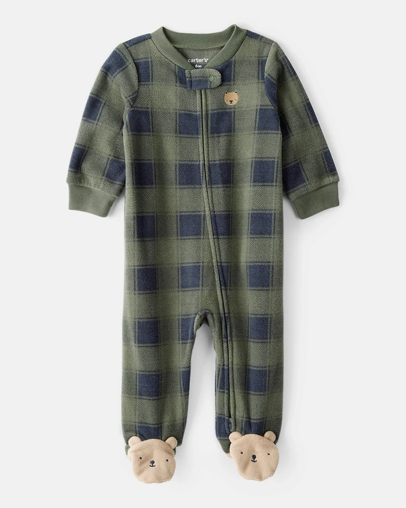 Baby Boy Bear Plaid Print Loose Fit Long-Sleeve Sleeper - Green