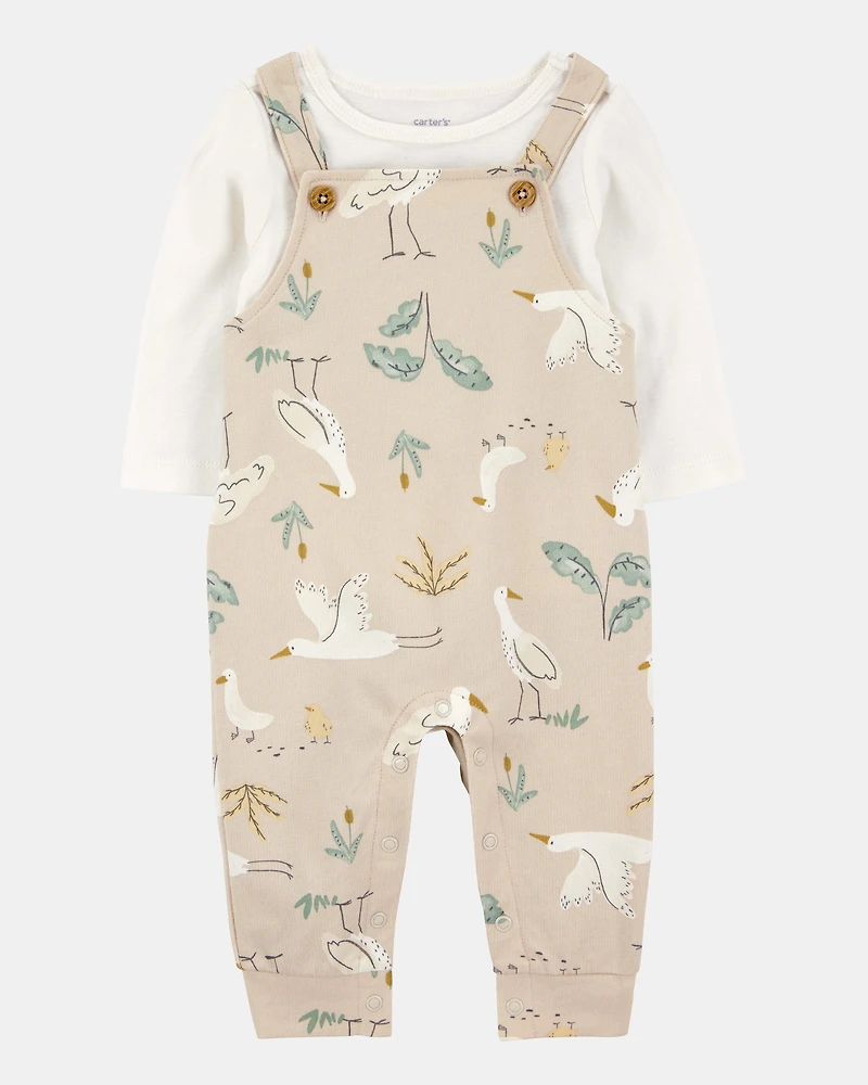 Baby 2-Piece Bird Print Long-Sleeve Tee & Overall Set
