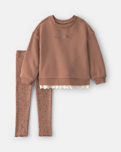 Toddler Girl 2-Piece Floral Fleece Sweatshirt & Pant Set - Brown
