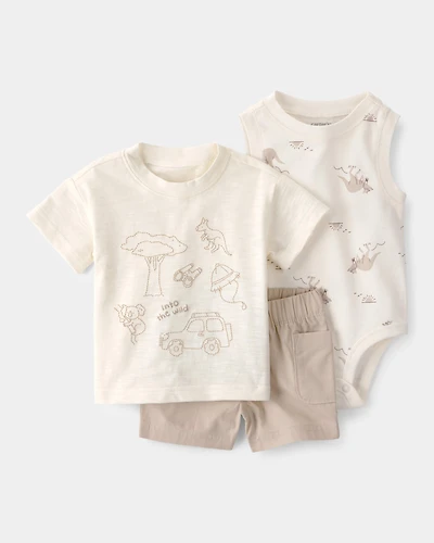 Baby Boy 3-Piece Into The Wild Short-Sleeve Top & Short Set - White/Brown