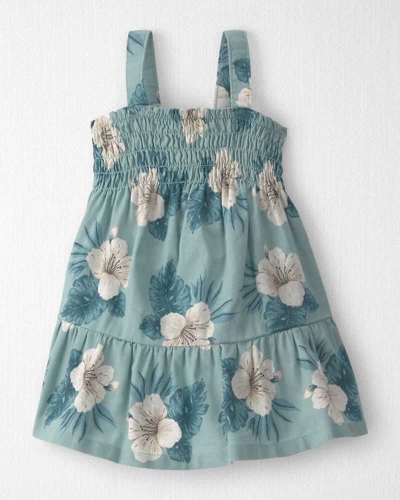 Baby Girl Smocked Linen Dress Made with Organic Cotton Blue Hibiscus