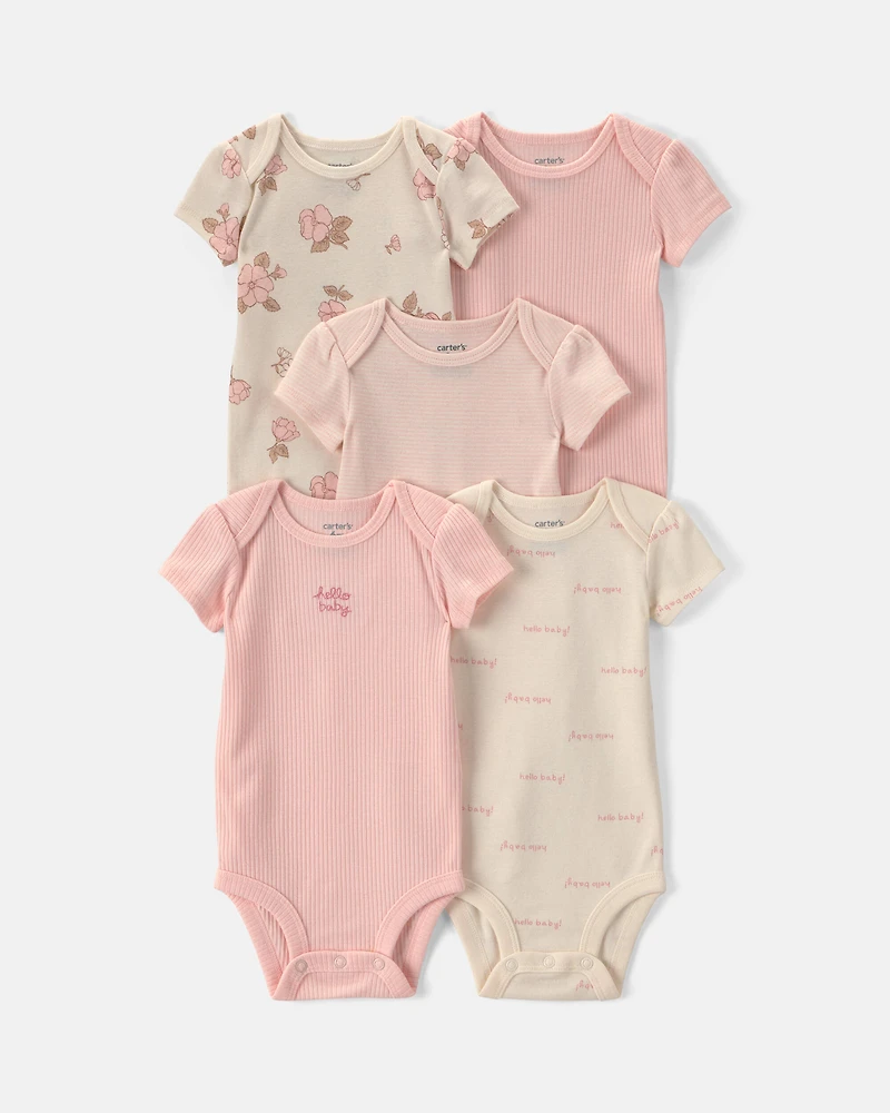 Baby Girl 5-Pack Floral Short-Sleeve Bodysuits - Pink/Ivory