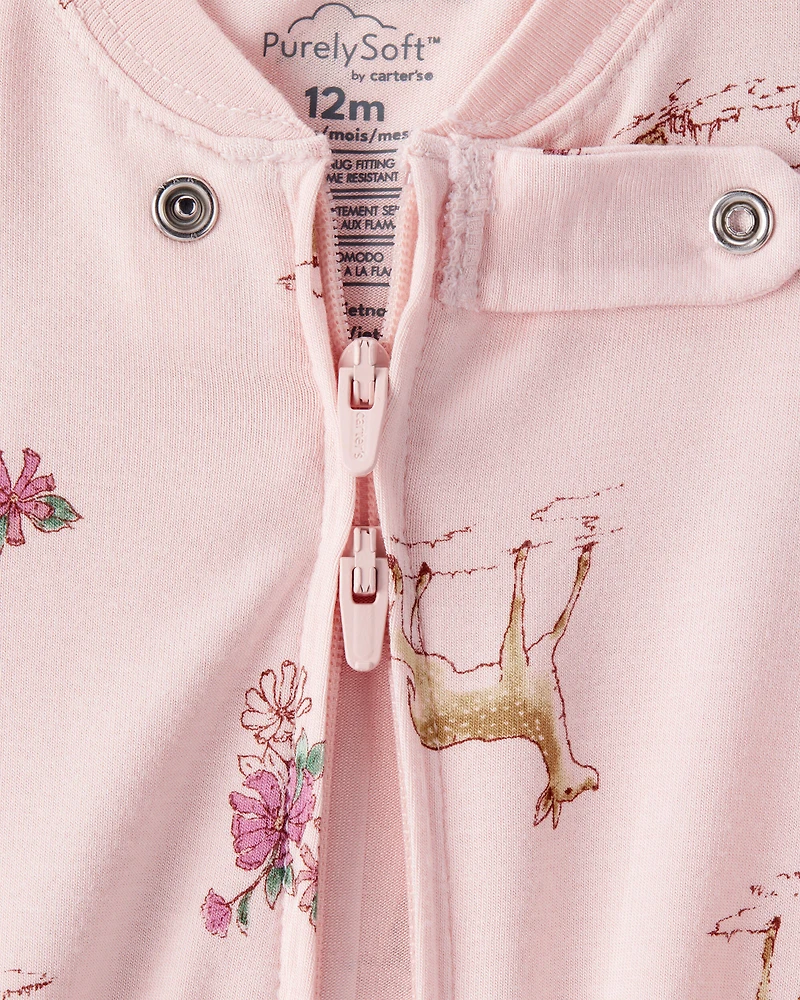 Baby Girl Deer & Floral Print PurelySoft Long-Sleeve 2-Way Zip 1-Piece pyjamas - Pink