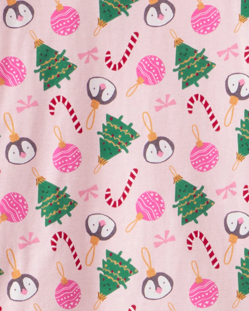 Adult Christmas Ornament Print 100% Cotton Long-Sleeve 2-Piece Pyjamas - Pink