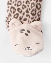 Toddler Girl Leopard Fleece Long-Sleeve Loose Fit 1-Piece Pajamas - Brown
