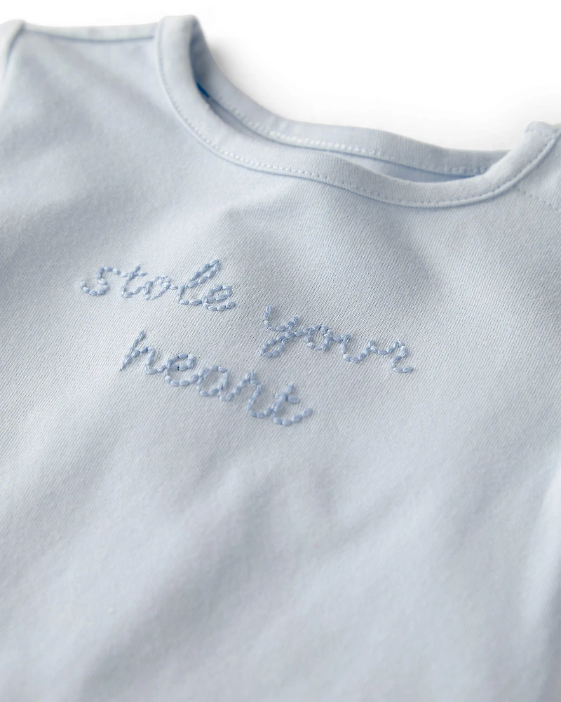 Baby 'Stole Your Heart' Organic Cotton Embroidered Bodysuit Slate Blue