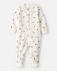 Baby Boy Construction Print Cotton Long-Sleeve Snug Fit Sleeper - White