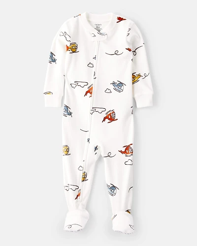 Toddler Boy Helicopter Print DreamPlush Snug Fit Long-Sleeve 2-Way Zip 1-Piece Pyjamas - White
