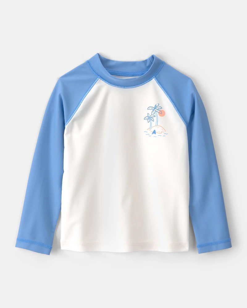 Toddler Boy 2-Piece Long-Sleeve Rashguard & Sailboat Swim Trunks Set - Blue/White