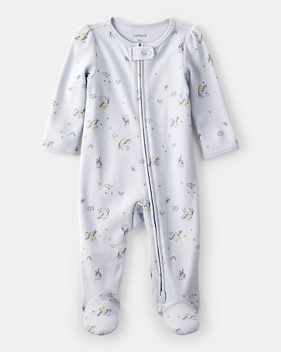 Baby Girl Unicorn Star Print 100% Cotton Long-Sleeve 2-Way Zip Sleeper - Blue