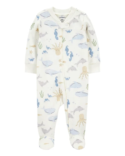 Baby Boy Aquatic Animals Print 2-Way Zip Cotton Sleeper Pyjamas - Ivory