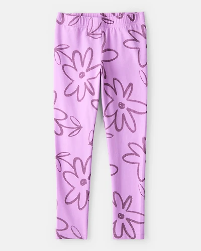 Girls Floral Pull-On Stretch Leggings - Purple