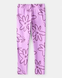 Girls Floral Pull-On Stretch Leggings - Purple