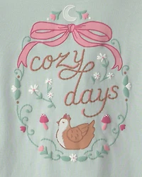Girls 4-Piece Country Chicken 100% Cotton Snug Fit Pyjama Set - Blue/Cream