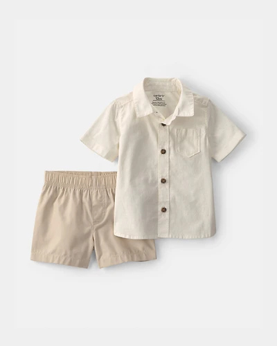 Baby Boy 2-Piece Chambray Button-Down Shirt & Short Set - Ivory/Brown