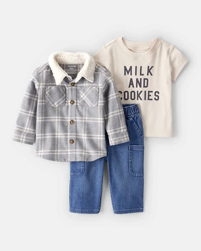 Baby Boy 3-Piece Plaid Shacket Outfit Set